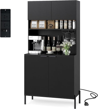 Giantex 64.5" Kitchen Pantry Cabinet with Charging Station, Tall Buffet Hutch with Storage Cabinets, Adjustable Shelf, Wine Racks, Modern Sideboard for Dining Room, Living Room, Coffee Bar, Black