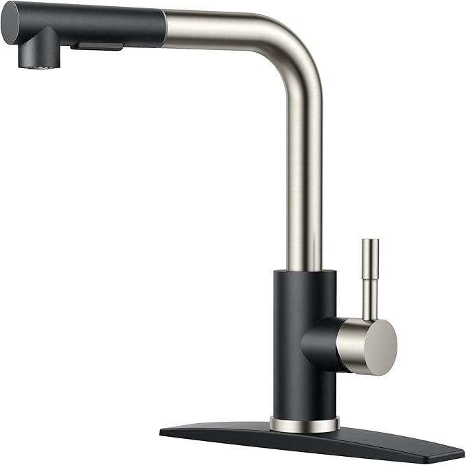 FORIOUS Kitchen Faucets with Pull Down Sprayer, Stainless Steel Single Handle Classic Pull Out Sink Faucet for Farmhouse Laundry RV Bar, with Deck Plate for 1 or 3 Holes, Black Brushed