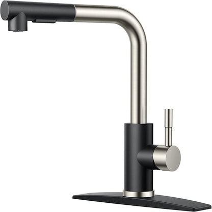 FORIOUS Kitchen Faucets with Pull Down Sprayer, Stainless Steel Single Handle Classic Pull Out Sink Faucet for Farmhouse Laundry RV Bar, with Deck Plate for 1 or 3 Holes, Black Brushed