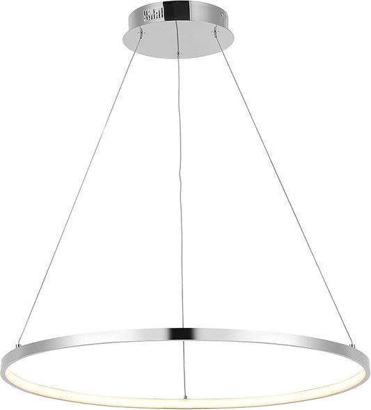 JONATHAN Y 23.75" Chrome Modern Integrated LED Pendant Light, Dimmable Round Hoop Chandelier for Kitchen Island, Dining Room, Adjustable Height Metal Hanging Light (JYL7203C)