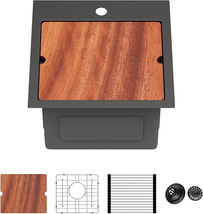 15 Inch Drop In RV Bar Sink - Beslend 15x15 Gunmetal Black Topmount Sink for RV Camper, Black Stainless Steel Wet Bar Workstation with Cutting Board, Roll-up Rack, Drain Assembly & Rinse Grid