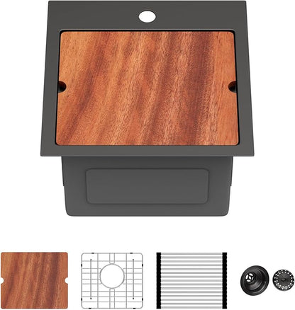 15 Inch Drop In RV Bar Sink - Beslend 15x15 Gunmetal Black Topmount Sink for RV Camper, Black Stainless Steel Wet Bar Workstation with Cutting Board, Roll-up Rack, Drain Assembly & Rinse Grid