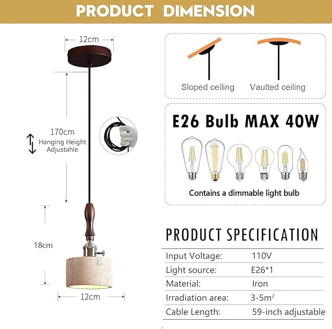 Japanese Wabi sabi Pendant Light with Natural Stone Shade, Dimmable Modern Wood Hanging Lamp Fixture, Adjustable Height Pendant Lamp for Bedroom, Kitchen Island, Dining Room, Restaurant, Cafe, Bar (F)