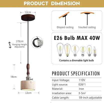 Japanese Wabi sabi Pendant Light with Natural Stone Shade, Dimmable Modern Wood Hanging Lamp Fixture, Adjustable Height Pendant Lamp for Bedroom, Kitchen Island, Dining Room, Restaurant, Cafe, Bar (F)