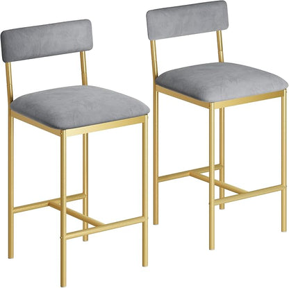 TrailBlaze Set of 2 Upholstered Bar Stools with Backrest & Footrest, Counter Height Dining Chairs, Thick Cushions - Modern Soft Fabric Grey and Gold - Kitchen Island, Dining Room, Bar - Easy Assembly