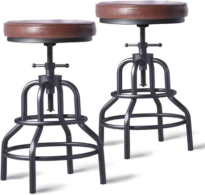LOKKHAN Industrial Bar Stools-Swivel Leather Metal Bar Stool-20-27 Inch Tall Counter Height-Adjustable Kitchen Stool Dining Chair Cafe Stools (Set of 2)