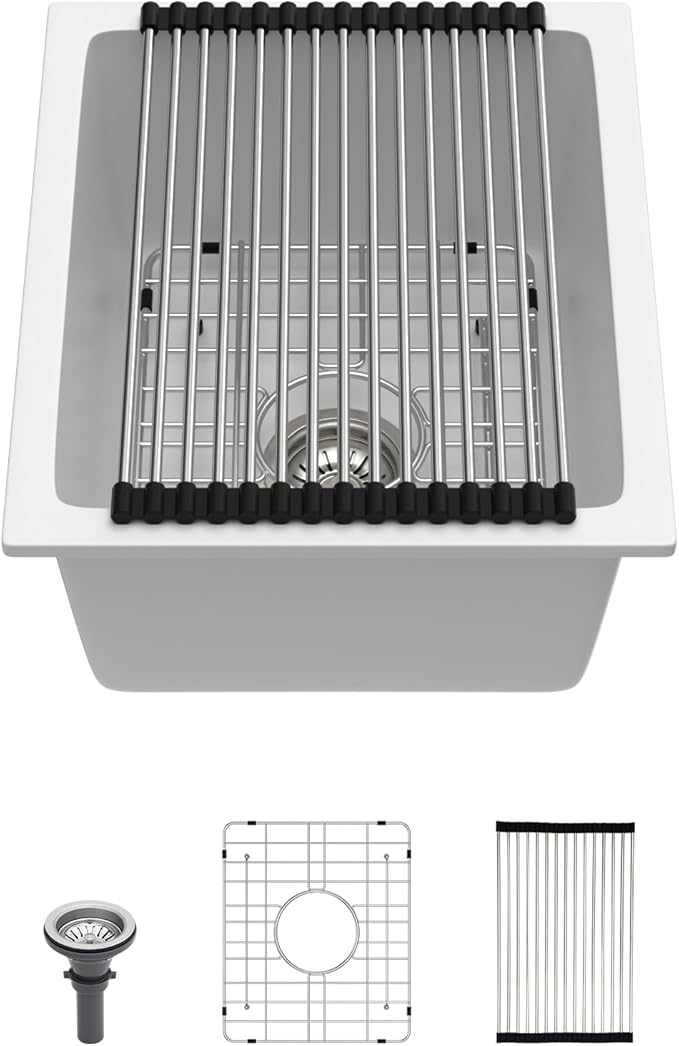 Lordear Granite Composite White Bar Sink 15 x 18 Inch Undermount Kitchen RV Sinks Small Quartz Bar Sink