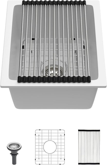 Lordear Granite Composite White Bar Sink 15 x 18 Inch Undermount Kitchen RV Sinks Small Quartz Bar Sink