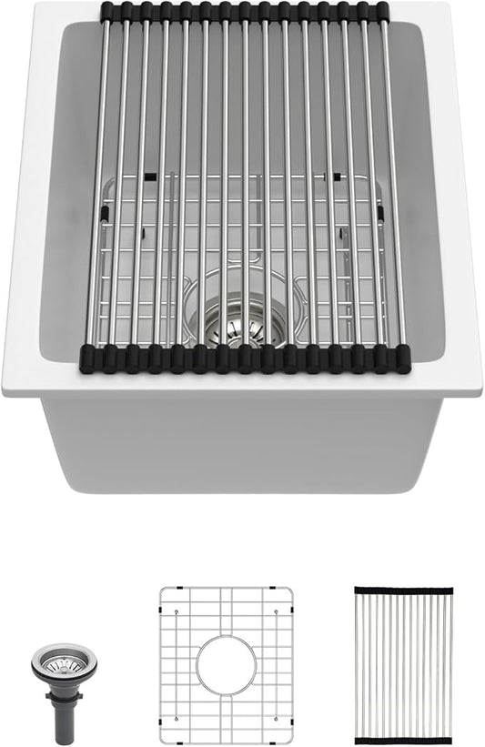 Lordear Granite Composite White Bar Sink 15 x 18 Inch Undermount Kitchen RV Sinks Small Quartz Bar Sink