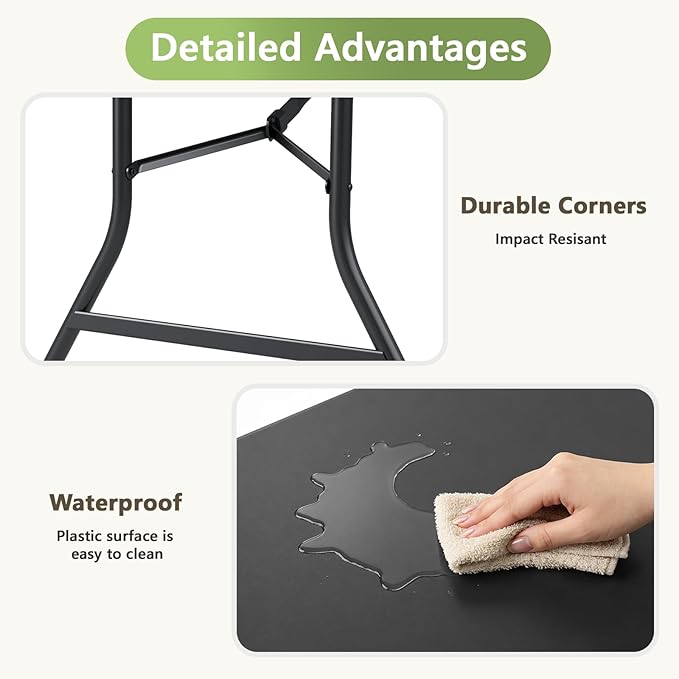 5ft Folding Table, Heavy Duty Plastic Card Table with Foldable Steel Legs, Metal Frame Support up to 500 lb, Portable for Indoor, Outdoor, Picnic, Camping, Dining, Party, Black
