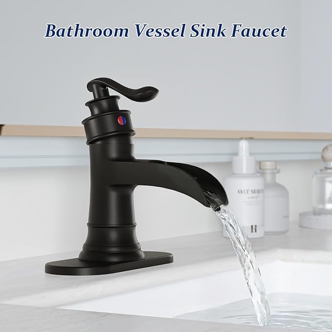 BWE Matte Black Waterfall Bathroom Sink Faucet 1 Hole or 3 Hole, Single Handle Bathroom Vanity Faucet with Pop-Up Drain and Water Supply Lines