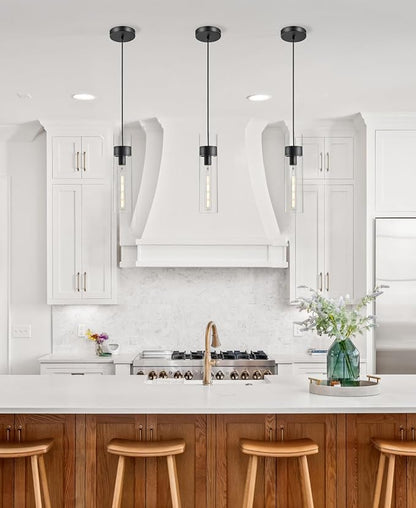 Black Pendant Lights Kitchen Island (Bulb Included), Adjustable Modern Glass Pendant Light Over Island, Industrial Pendant Light Fixtures for Dining Room Hallway Bedroom Living Room
