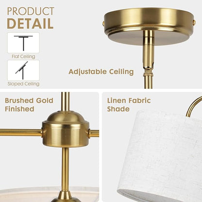 3 Light Gold Linear Chandelier with Linen Beige Drum Shades,Modern Pendant Light Fixture for Kitchen Island,Dining Room,Living Room,Mid-Century Ceiling Light Fixture,Adjustable Height Island Light
