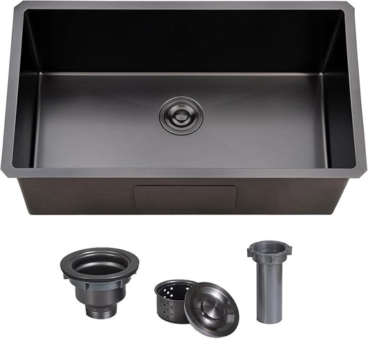 30x18 Inch Black Undermount Kitchen Sink, Stainless Steel Single Bowl Nano Black16 Gauge 9 Inch Deep Kitchen Sink with Strainer