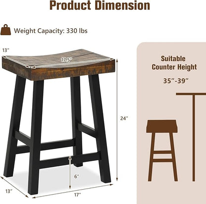 ERGOMASTER Wooden Backless Saddle Barstools Set of 2, 24-inch Counter Height Rustic Bar Stools with Rubber Wood Frame & Footrest for Kitchen Island, Dining Room, Pub