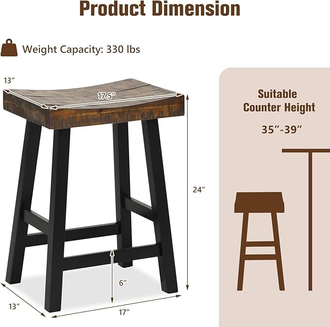 ERGOMASTER Wooden Backless Saddle Barstools Set of 4, 24-inch Counter Height Rustic Bar Stools with Rubber Wood Frame & Footrest for Kitchen Island, Dining Room, Pub