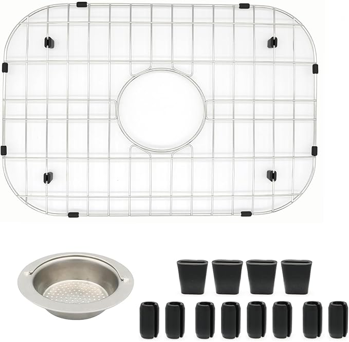 Kitchen Sink Grid 18-7/8" x 13-3/4"- Heavy Duty Kitchen Sink Protector with Built-in Strainer & Center Drain, Non-Slip Rubber Feet & Scratch Resistant Bottom Guard