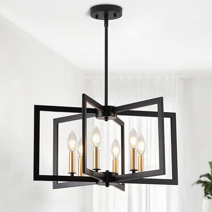 Black Chandelier, Dining Room Light Fixture Geometric Metal Modern Industrial Chandelier Lighting for Farmhouse Living Room Entryway Kitchen (E12 Bulbs Not Included, 6 Light, Black Gold)