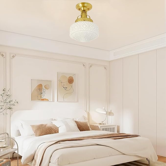 Bofea-Gold Semi Flush Mount Ceiling Light,Brass Vintage Flush Mounted Ceiling Lighting with Milk White Glass Shade, Mid-Century Style Ceiling Light Fixture for Hallway Foyer Loft Bathroom Bedroom. (A)