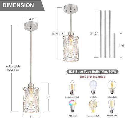 Refice Glass Pendant Lights Kitchen Island, Brushed Nickel Kitchen Hanging Light with Clear Glass, Farmhouse Cage Mini Pendant Lighting for Sink Dining Room Bedroom Bar, 3 Pack