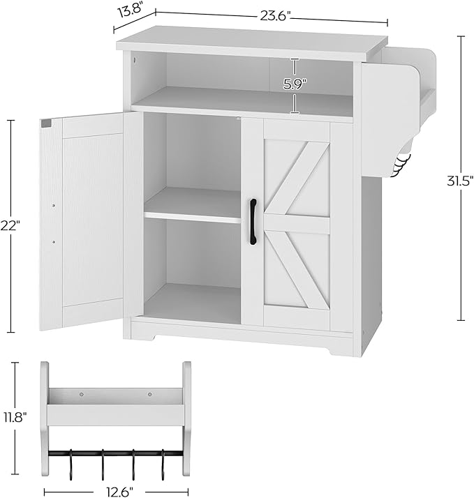 YATINEY Coffee Bar Cabinet, Kitchen Island with Storage, Farmhouse Sideboard Buffet Cabinet with Dual-Purpose Floating Shelf and Hooks, for Kitchen, Restaurant, Living Room, White KF22WT