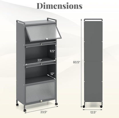 Giantex 5-Tier Kitchen Storage Cabinet, Mobile Microwave Stand with Flip-up PC Doors, Freestanding Kitchen Bakers Rack with 4 Rolling Casters, for Dining Room, Living Room and Study, Grey