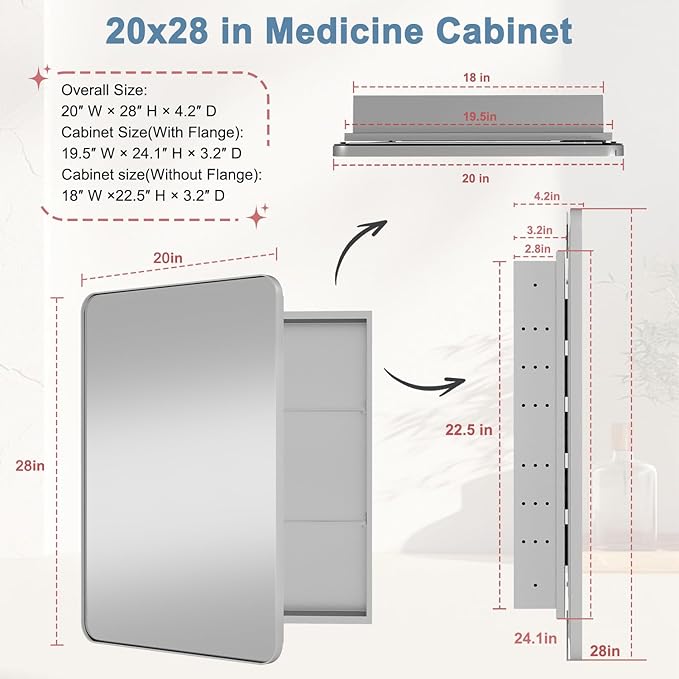 28x20 Inch Matte Silver Medicine Cabinet with Mirror for Bathroom, Aluminum Medicine Cabinet with Frosted Finish, Recessed or Wall Mount Medicine Chest, Modern Sleek Design, Fully Assembled