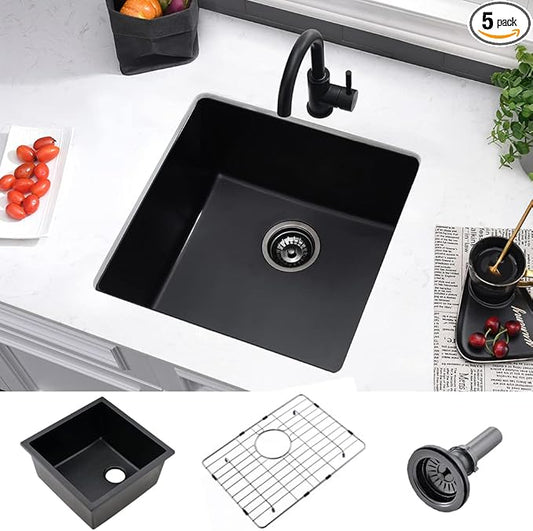 21 Inch Black Undermount Bar Sink-VASOYO 21x19 Undermount Wet Bar Sink Black Granite Composite Single Bowl Quartz Outdoor Rv Kitchen Sinks Small Prep Sinks with Bottom Grid