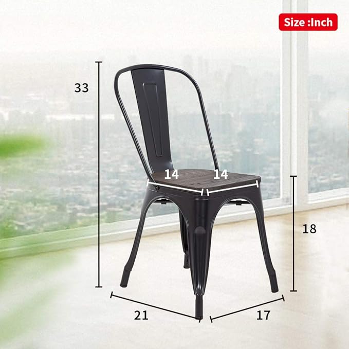 FDW | Metal Dining Chairs with Wooden Seat | Set of 4 | Black | Stackable Tolix Side Chairs with Backrest | Scratch-Resistant | Non-Slip Feet | Indoor/Outdoor Use | 330 lbs | for Dining & Kitchen