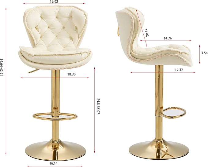 Rhomtree 24-33 Inch Swivel Bar Stools, Adjustable Counter Height Barstools, Velvet Back and Golden Footrest, Bar Chairs for Kitchen Island, Cafe, Bar, Bar Counter, Dining Room, Coffee(Cream Set of 4)