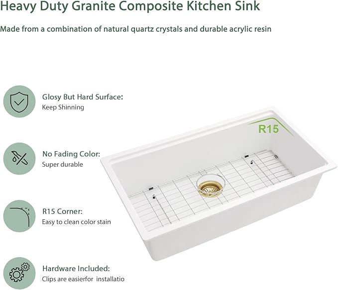 32 Inch White Undermount Kitchen Sink Workstation Granite Composite Kitchen Sink Quartz Ledge Single Bowl Under Counter Large Deep Classic Sinks Basin,32" x 19"