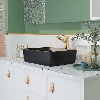 DeerValley Ally 19x15 Inch Matte Black Rectangular Vessel Sink, Above Counter Ceramic Bathroom Basin, DV-2V031