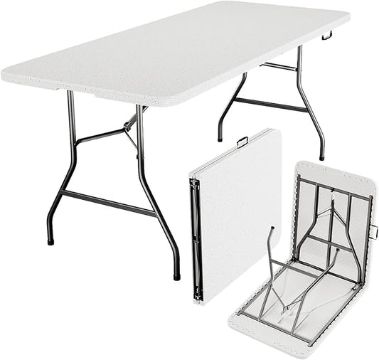 Folding Table 6ft - Heavy Duty Plastic Table with Handle, Foldable & Portable, Fold-in-Half Utility Tables for Outdoor, Dining, Wedding, Events, Indoor, Picnic, Camping, Party (White)