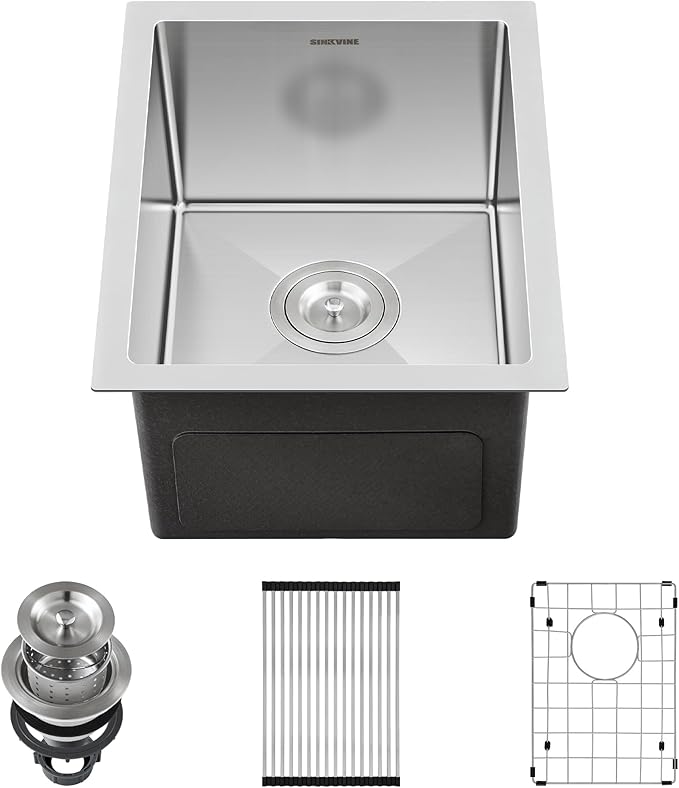 Bar Sink Undermount 14 x 18 inch, SINKVINE Stainless Steel Kitchen Sink for Outdoor RV, Single Bowl Wet Bar Prep Basin, with 3.5-inch Drain Strainer, Bottom Rise Grid, Roll-up Drying Unit, Brushed