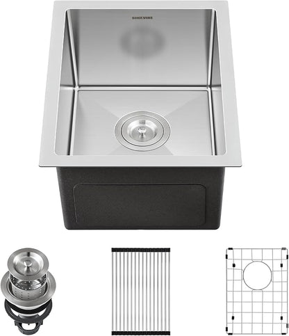 Bar Sink Undermount 14 x 18 inch, SINKVINE Stainless Steel Kitchen Sink for Outdoor RV, Single Bowl Wet Bar Prep Basin, with 3.5-inch Drain Strainer, Bottom Rise Grid, Roll-up Drying Unit, Brushed
