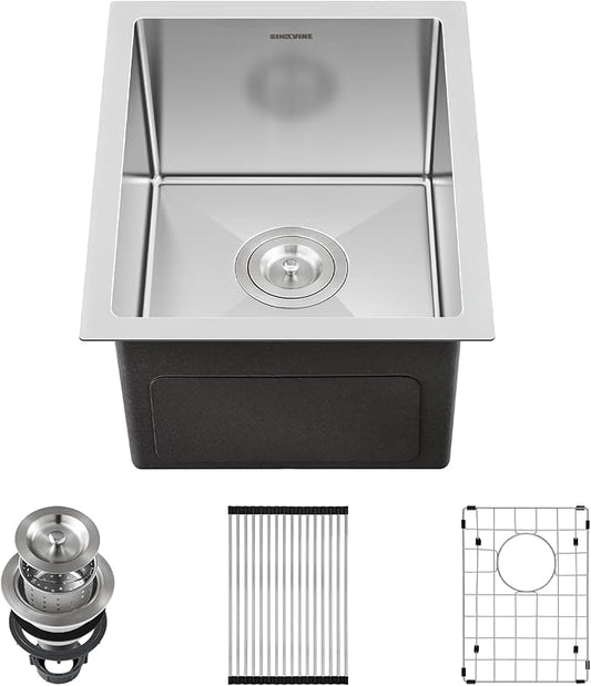 Bar Sink Undermount 14 x 18 inch, SINKVINE Stainless Steel Kitchen Sink for Outdoor RV, Single Bowl Wet Bar Prep Basin, with 3.5-inch Drain Strainer, Bottom Rise Grid, Roll-up Drying Unit, Brushed