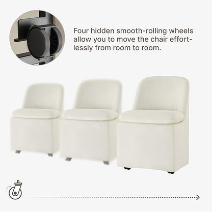 KISLOT Upholstered Dining Chairs Set of 4 with Casters, Modern Side Armless Deskchair with Washable Slipcover & Sturdy Metal Frame for Diningroom Bedroom Livingroom Reading Room, Beige Fabric