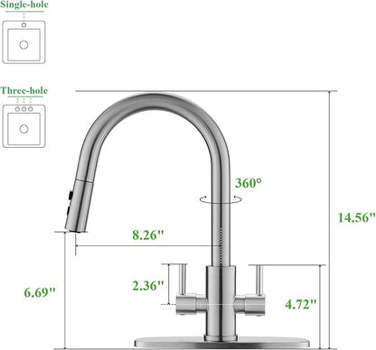 Kitchen Faucet, Two Handles Sink Faucet with Sprayer, Stainless Steel, Brushed Nickel, PB1045