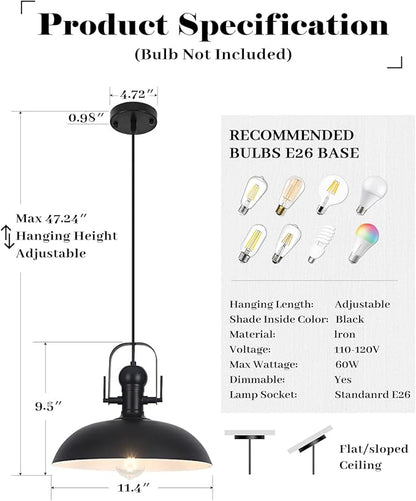 Black Pendant Lights 3 Pack, Dome Pendant Light Kitchen Island 13.8 Inch, Black Farmhouse Pendant Light, Industrial Pendant Lights for Kitchen Barn Hallway Porch Dining Room