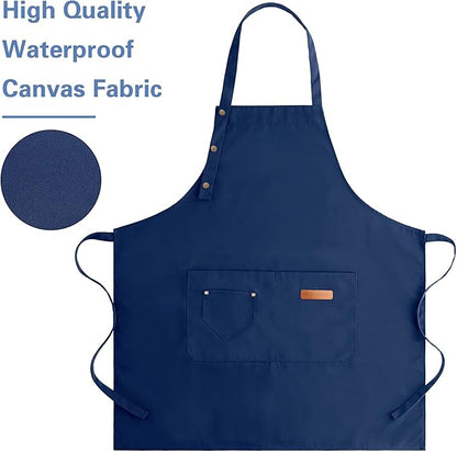 Apron for Men Women with Adjustable Straps and Large Pockets, Canvas Cotton Cooking Kitchen Chef Bib Aprons Waterproof Blue