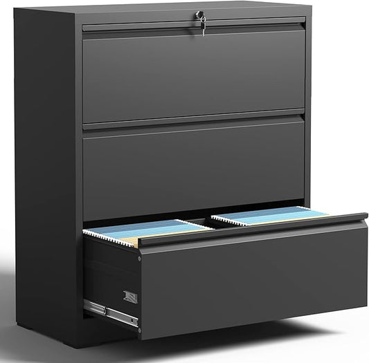 Lateral 3 Drawer File Cabinet with Lock, Metal Large-capacity Fully Extendable Drawers for Home Office, Adjustable Hanging Rods for A4/Legal/Letter Sizes, Anti-tipping Design, Require Assembly, Black