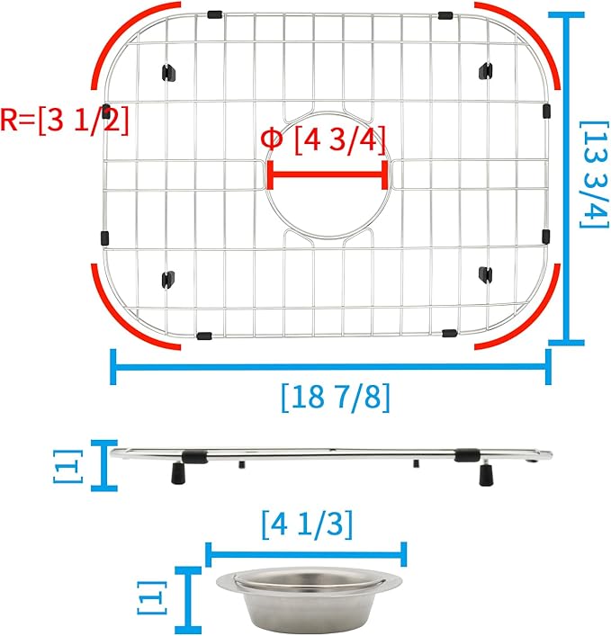 Kitchen Sink Grid 18-7/8" x 13-3/4"- Heavy Duty Kitchen Sink Protector with Built-in Strainer & Center Drain, Non-Slip Rubber Feet & Scratch Resistant Bottom Guard