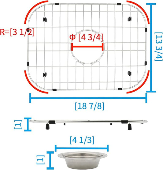 Kitchen Sink Grid 18-7/8" x 13-3/4"- Heavy Duty Kitchen Sink Protector with Built-in Strainer & Center Drain, Non-Slip Rubber Feet & Scratch Resistant Bottom Guard