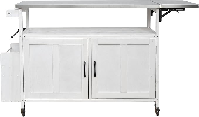 JIJIWANG 60.6" Mobile Kitchen Storage Island with Storage Cabinet and Towel Rack, Foldable Outdoor Kitchen Island with Stainless Steel Top and Lockable Wheels for Patio and Outdoor White