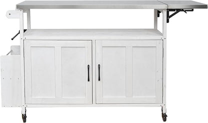 JIJIWANG 60.6" Mobile Kitchen Storage Island with Storage Cabinet and Towel Rack, Foldable Outdoor Kitchen Island with Stainless Steel Top and Lockable Wheels for Patio and Outdoor White