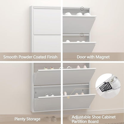 GREATMEET Slim Wall Mounted Shoe Cabinet, 6 Inch Narrow White Hidden Metal Shoe Storage with 4 Flip Drawers, Tall 57 Inch Steel Space Saving Organizer Rack for Entryway Hallway Small Spaces