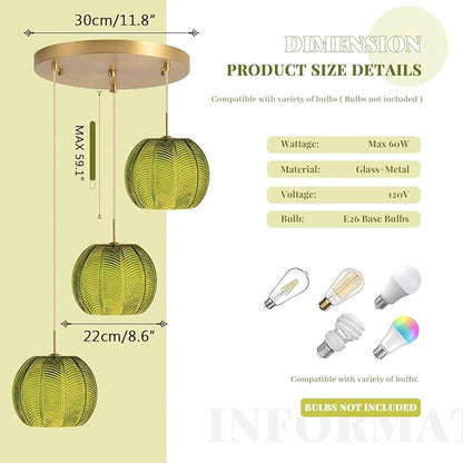 Dark Green Chandelier Cluster 3-Light Glass Globe Hanging Pendant Lights Fixtures Gold Sputnik Ceiling Pendant Lights with Ribbed Glass Ball Shade Mid Century Modern Chandelier