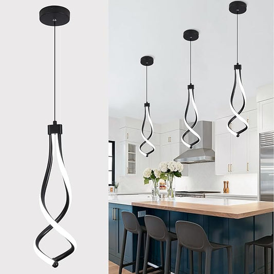 Spiral Led Pendant Lights 14W White 6000K Modern LED Pendant Light Fixture for Kitchen Island Stylish Black Chandelier for Kitchen Dining Room Bedroom Living Room Corridor Stairs