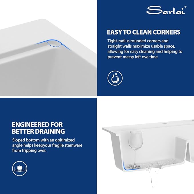 Sarlai 33 Granite Composite Kitchen Sink Double Bowl - 33"x22" White Granite Kitchen Sink Drop In Ledge Workstation Double Bowl 60/40 Low Divided Quartz Composite Above Counter with Gold Accessories