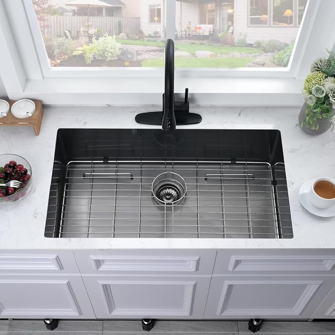 27 Inch Black Undermount Sink -Bokaiya 27x19 Undermount Kitchen Sink Deep Single Bowl Stainless Steel Black Kitchen Sink with Colander